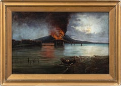 Peintre védutiste de Naples - Peinture du 19e siècle - Golfe du Vésuve - Huile sur toile 