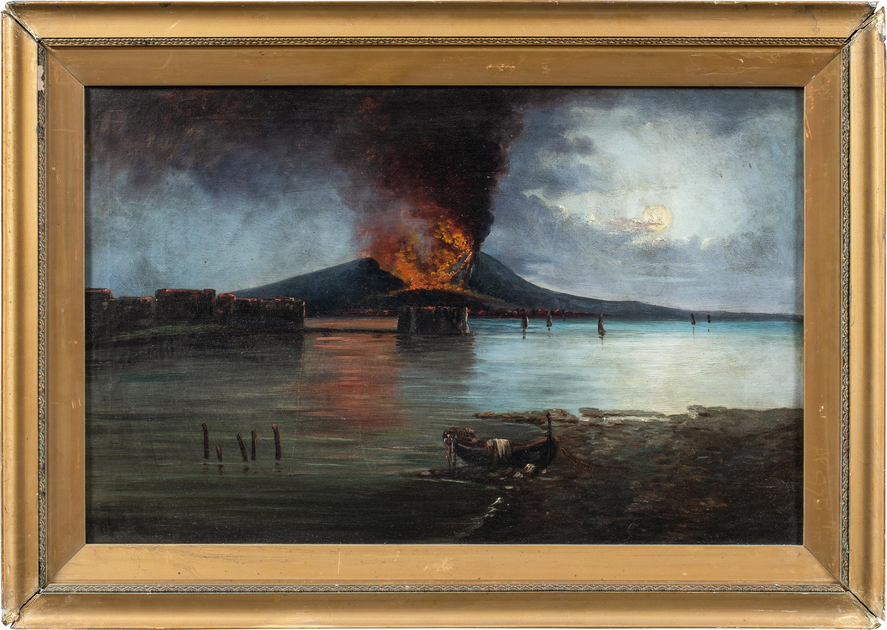 Figurative Painting de Unknown - Pintor napolitano vedutista - Paisaje del siglo XIX - Golfo Vesubio