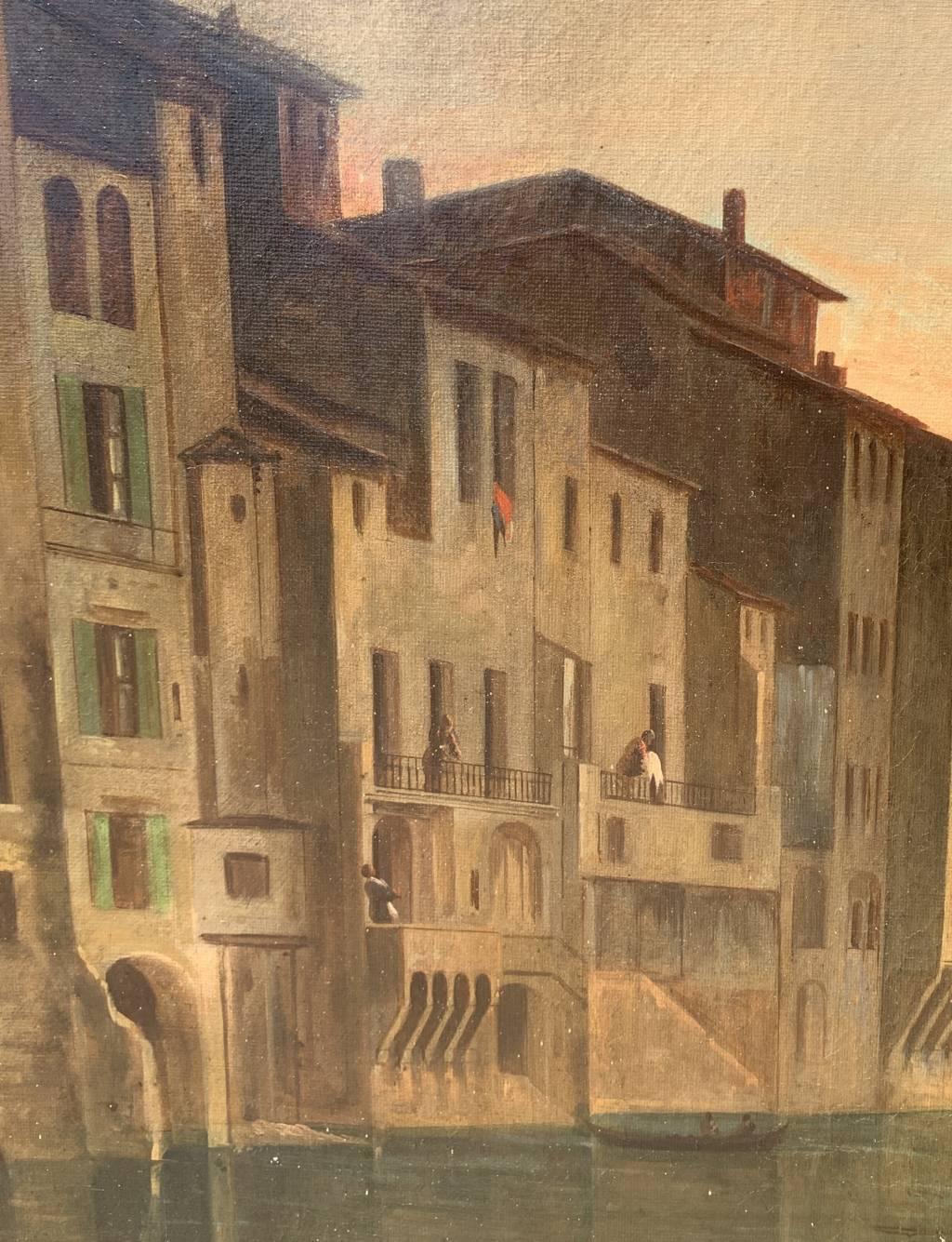 Vedutist painter in Florence - 19th century landscape painting - Lungarno View For Sale 5