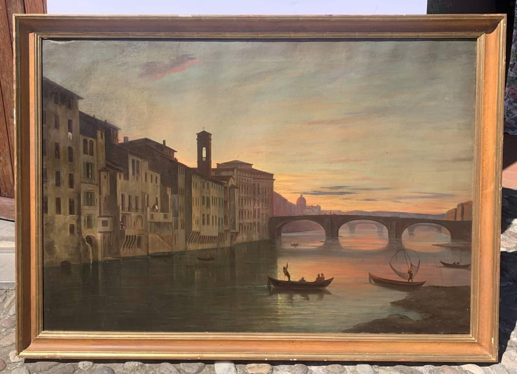 Vedutist painter in Florence - 19th century landscape painting - Lungarno View - Naturalistic Painting by Unknown