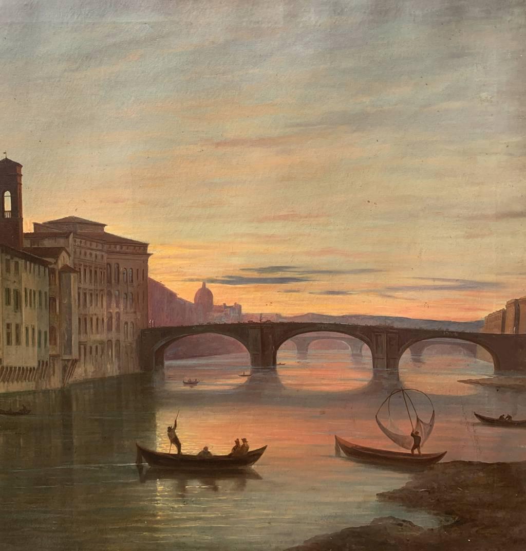 Vedutist painter in Florence - 19th century landscape painting - Lungarno View - Brown Figurative Painting by Unknown