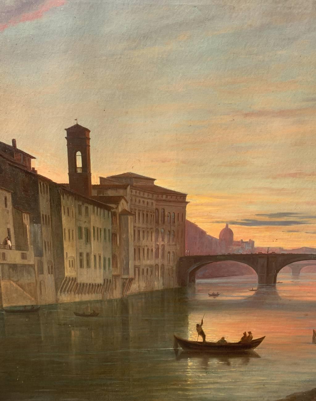 Italian painter (19th century) - Florence, view of the Lungarno near the Santa Trinita Bridge.

78 x 113 cm unframed, 88 x 123 cm with frame.

Antique oil painting on canvas, in a gilded wooden frame (not signed).

Condition report: Lined canvas.