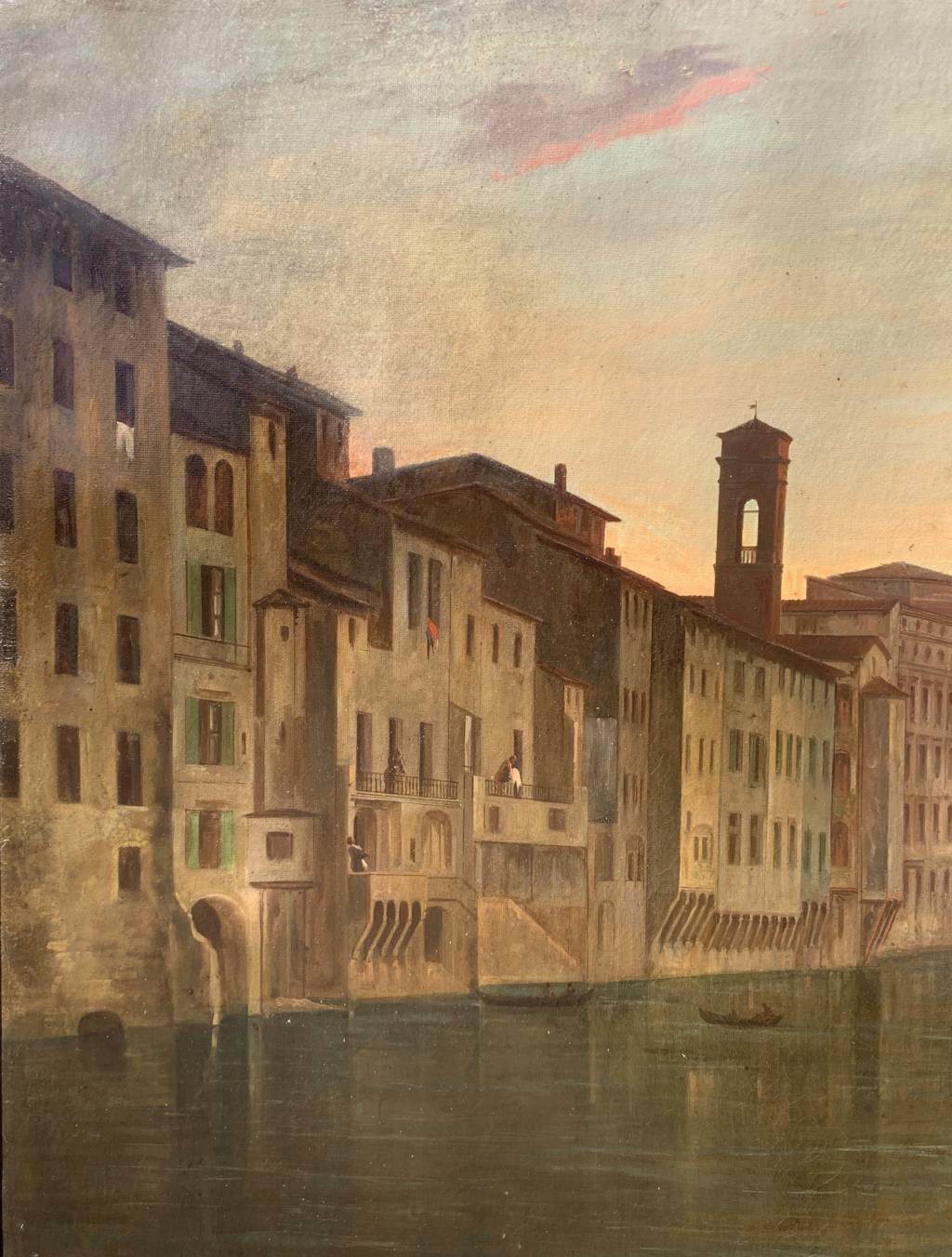 Vedutist painter in Florence - 19th century landscape painting - Lungarno View For Sale 1