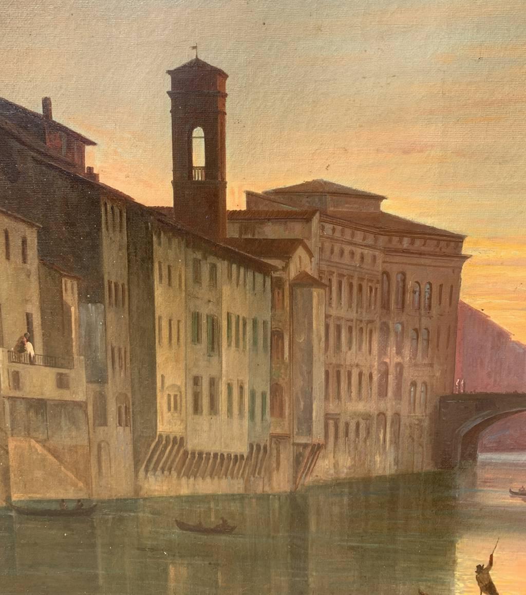 Vedutist painter in Florence - 19th century landscape painting - Lungarno View For Sale 4