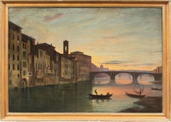 Vedutist painter in Florence - 19th century landscape painting - Lungarno View