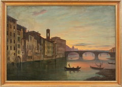 Antique Vedutist Florence painter - 19th century landscape painting - Lungarno View