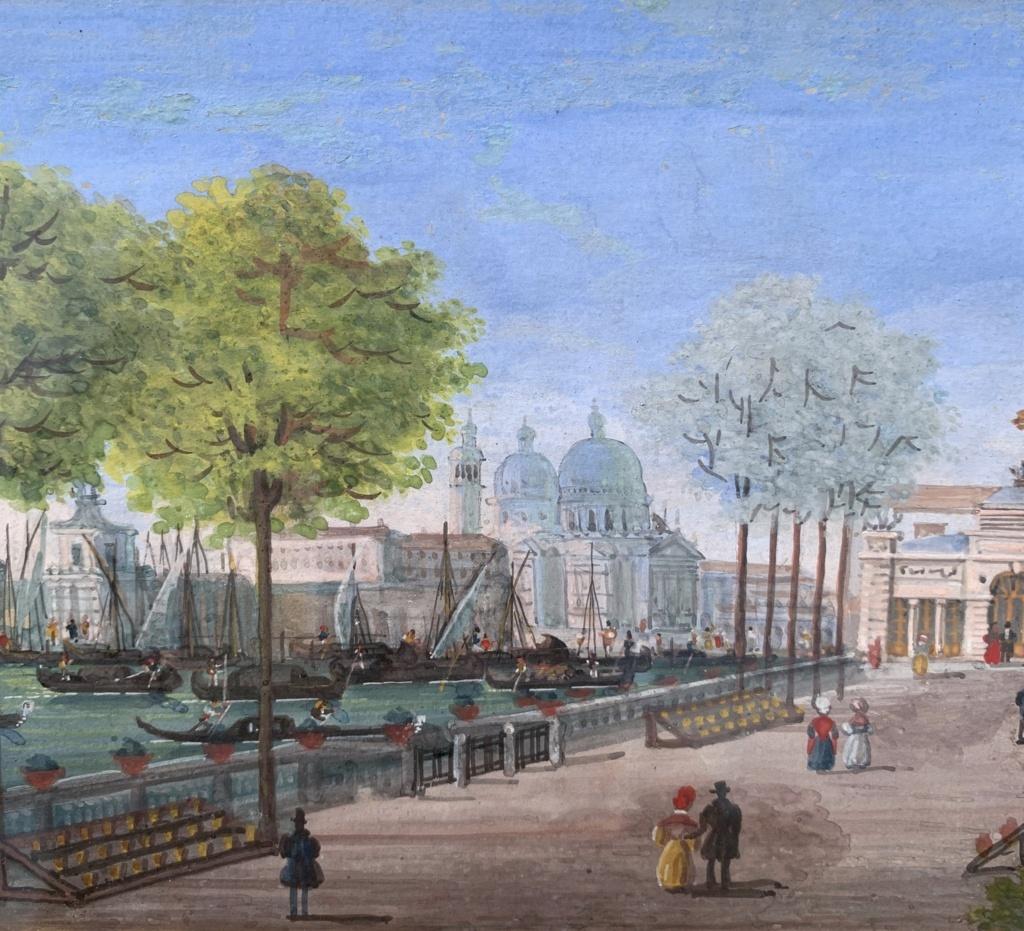Venetian painter (early 19th century) - Venice, view of the gardens with the Coffee House towards the Basilica of Santa Maria della Salute.

15 x 23 cm without frame, 22 x 30 cm with frame.

Ancient tempera painting on paper, in carved and gilded