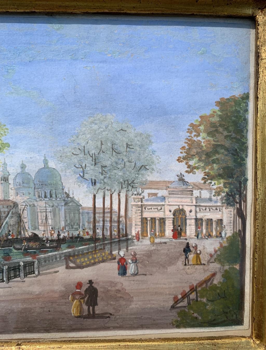 Peintre vénitien (début du XIXe siècle) - Venise, vue des jardins avec le Café vers la basilique S.I.M. della Salute.

15 x 23 cm sans cadre, 22 x 30 cm avec cadre.

Peinture ancienne à la détrempe sur papier, dans un cadre en bois sculpté et
