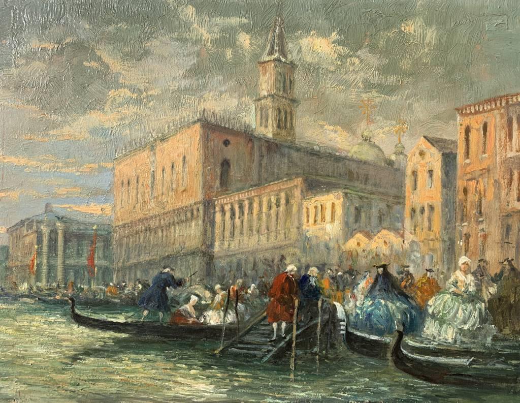 Vedutistischer venezianischer Maler - 19. Jahrhundert Venedig Ansicht Gemälde - Öl auf Tafel (Alte Meister), Painting, von Unknown