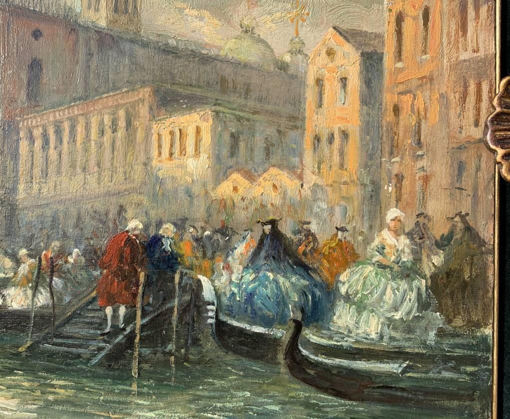 Peintre vénitien (fin du XIXe siècle) - Venise, vue de la Riva degli Schiavoni avec des masques de carnaval.

30 x 40 cm sans cadre, 46 x 53 cm avec cadre.

Huile sur panneau, dans un cadre en bois sculpté et doré.

État de conservation : Bon état