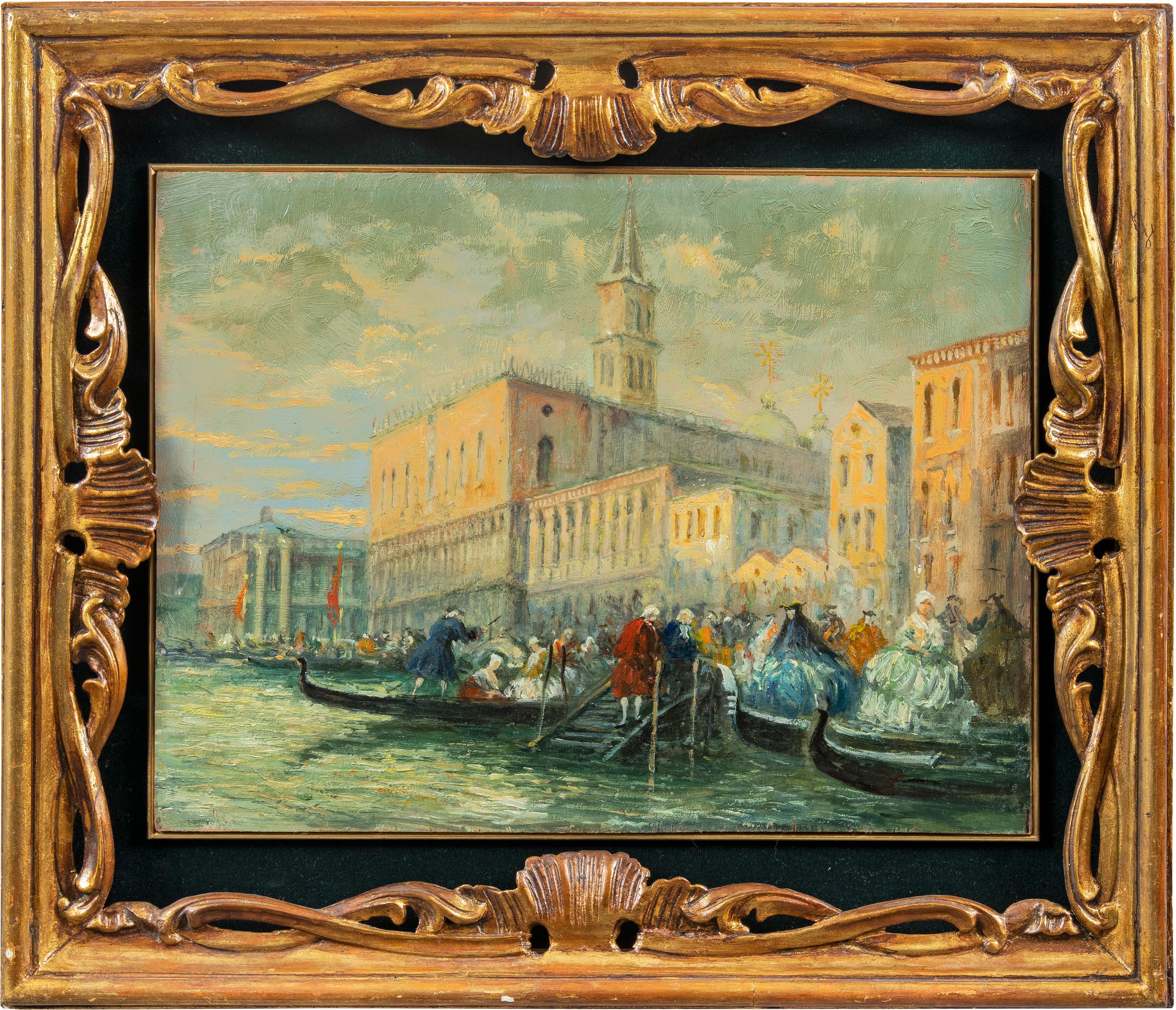 Landscape Painting Unknown - Peintre vénitien Vedutiste - 19e siècle Tableau de vue de Venise - Huile sur panneau