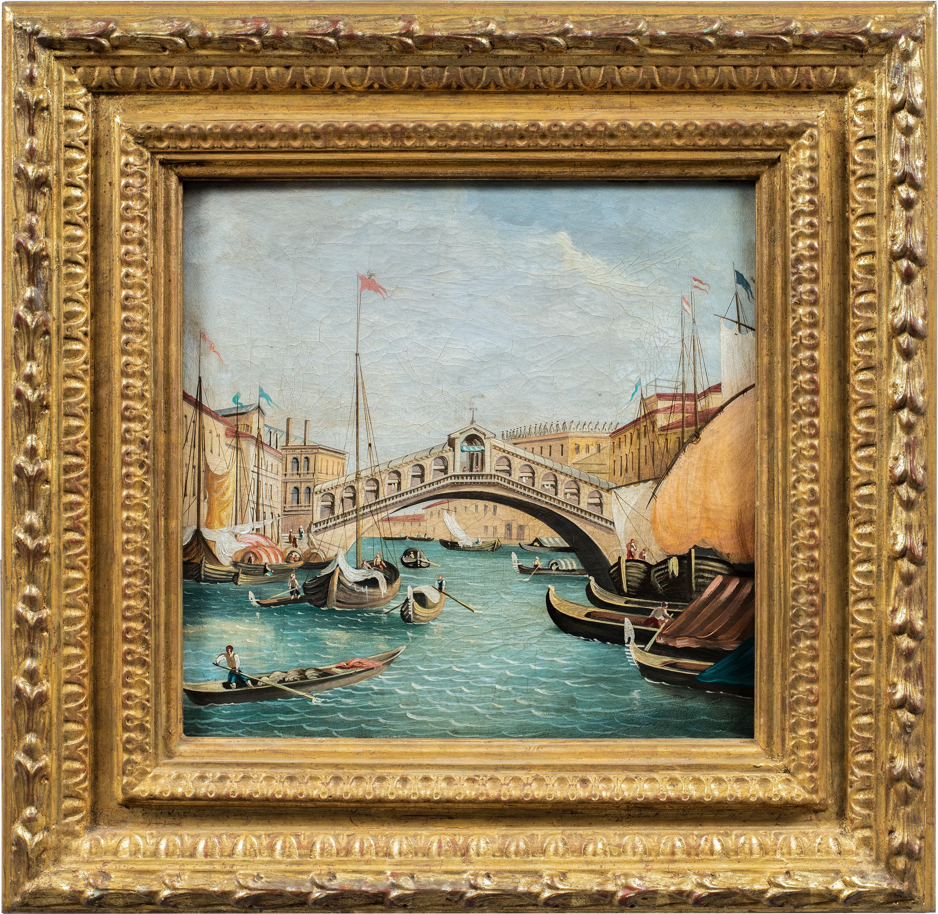 Unknown Landscape Painting – Vedutistischer venezianischer Maler - 19. Jahrhundert Venedig Ansicht Gemälde - Rialto Brücke