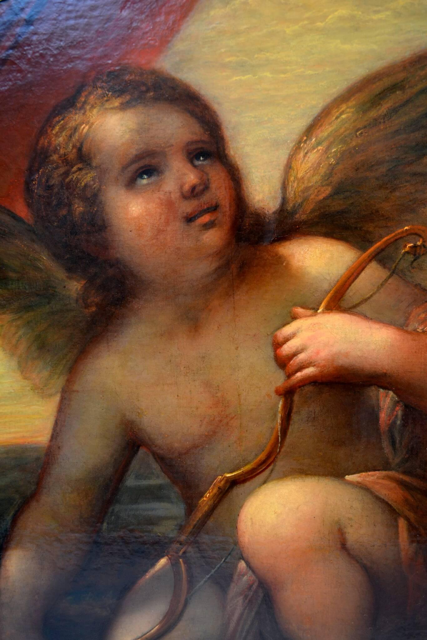 Venetian Baroque Kneeling Cupid - Painting by Unknown