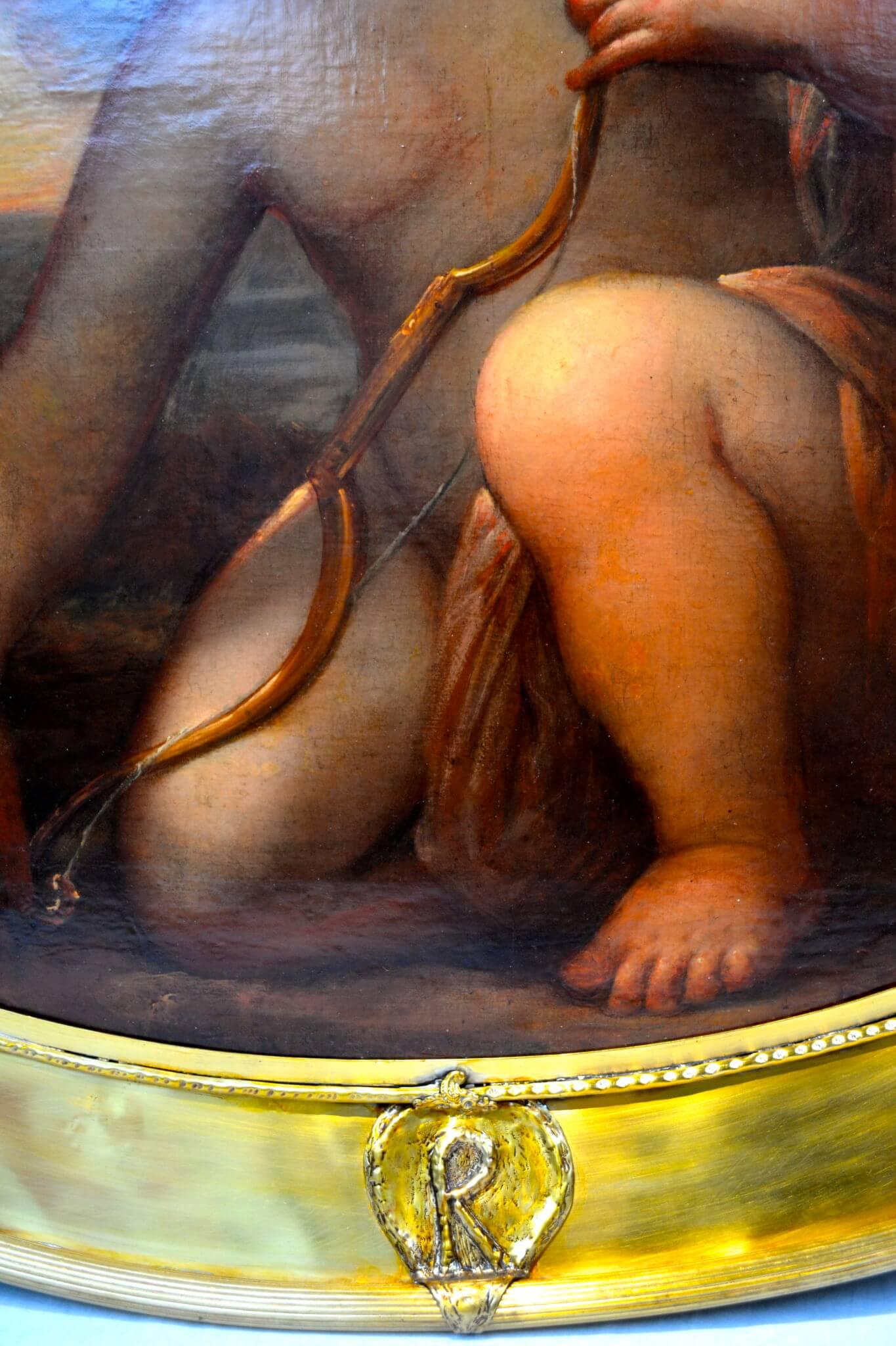 Venetian Baroque Kneeling Cupid - Brown Figurative Painting by Unknown