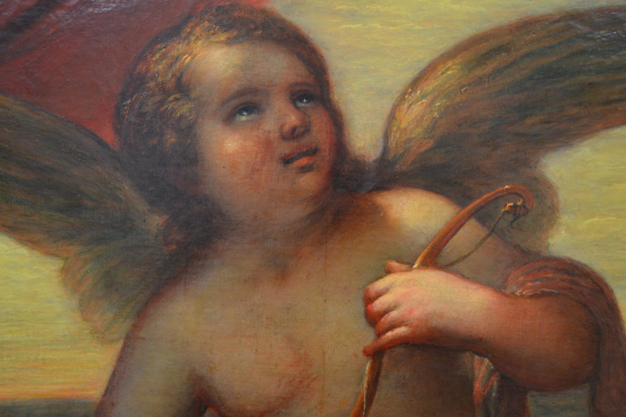 A fine and rare painting of a kneeling cupid holding a quiver and shown against an idyllic background. The style and subject matter are similar to works by Venetian masters from the 16th through 17th century. Restorers indicate that this painting