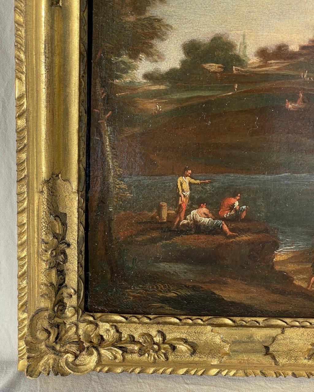Cerchia di Marco Ricci (Belluno 1676 - Venezia 1730) - Paysage fluvial avec personnages.

34 x 26 cm sans cadre, 43 x 35 cm avec cadre.

Huile sur toile, dans un cadre en bois sculpté et doré.

-Le tableau peut être placé dans le cercle de Marco