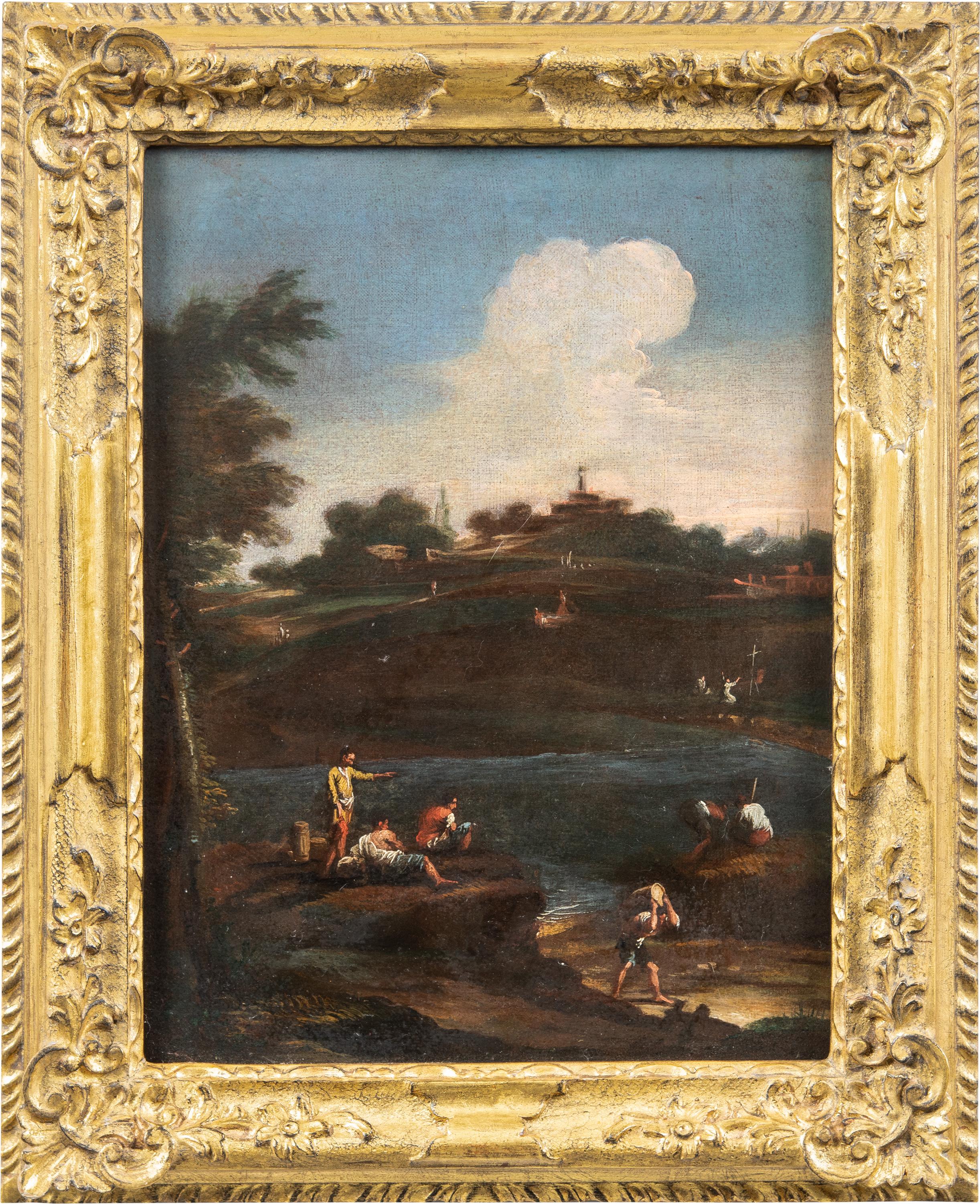 Unknown Landscape Painting – Venezianischer Anhänger von Marco Ricci – Landschaftsmalerei mit Figuren aus dem 18. Jahrhundert