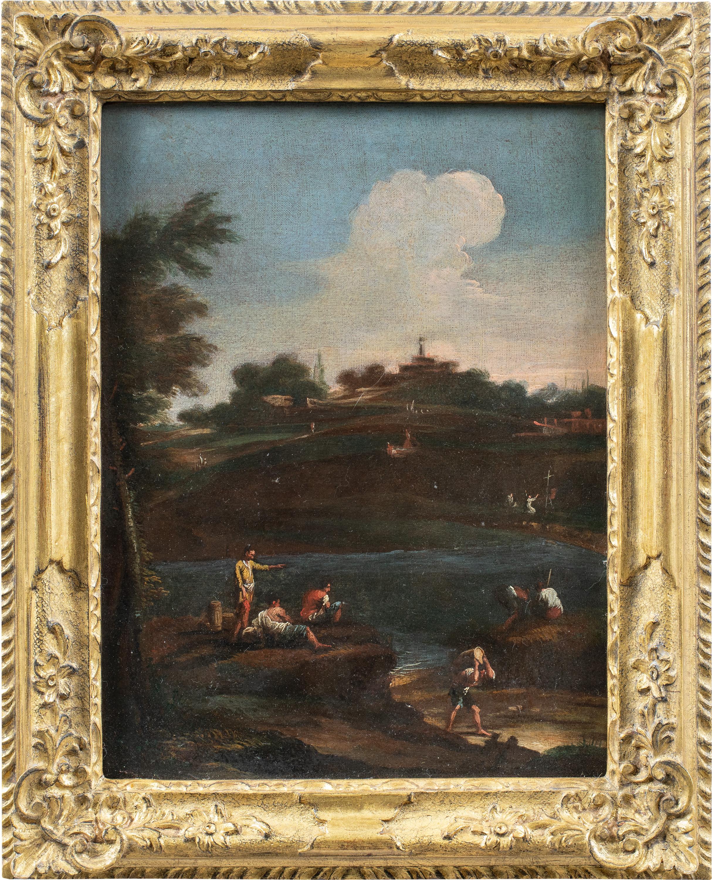 Landscape Painting de Unknown - Seguidor veneciano de Marco Ricci - Figuras de la pintura paisajista del siglo XVIII