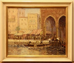 Venetian Market Scene, Italy, Gondola, Oil on Plywood, Signed and Titled verso