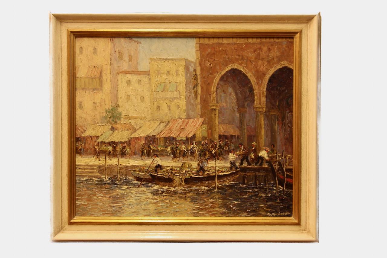Scène de marché vénitien, Italie, gondole, huile sur contreplaqué, signée et titrée au verso - Impressionnisme Painting par Unknown