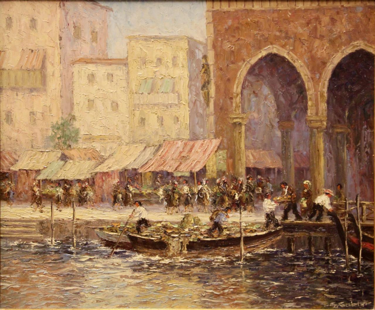 Scène de marché vénitien, Italie, gondole, huile sur contreplaqué, signée et titrée au verso - Marron Landscape Painting par Unknown