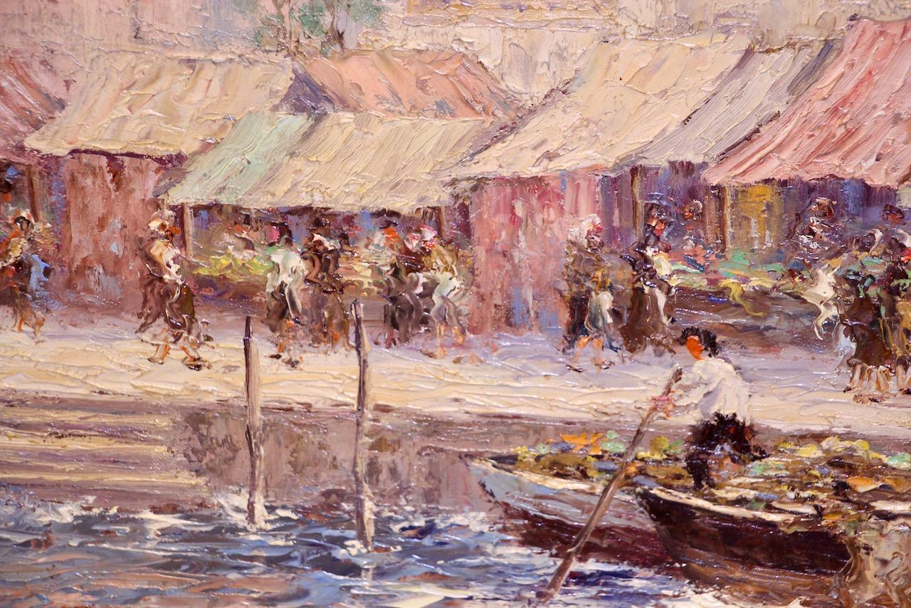 Scène de marché vénitien, Italie, gondole, huile sur contreplaqué, signée et titrée au verso en vente 1