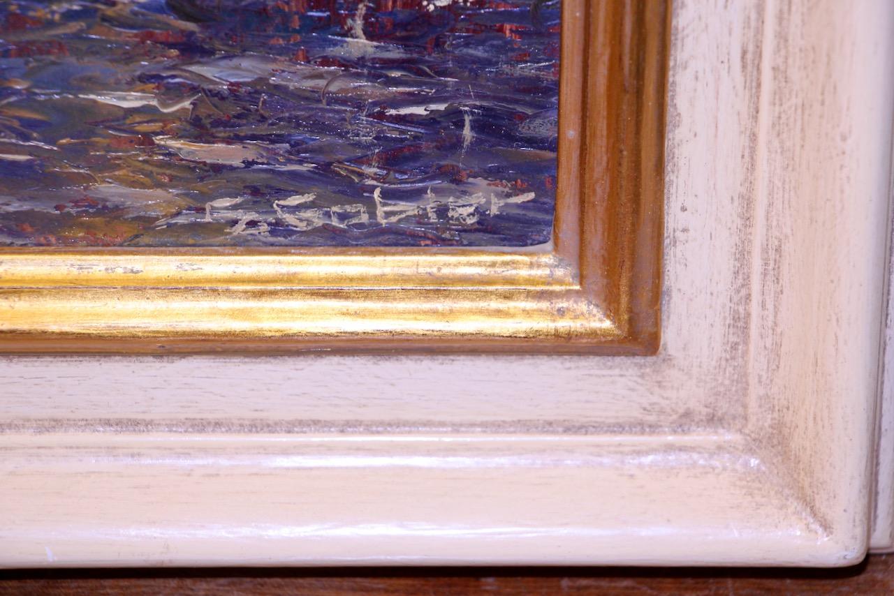 Scène de marché vénitien, Italie, gondole, huile sur contreplaqué, signée et titrée au verso en vente 2