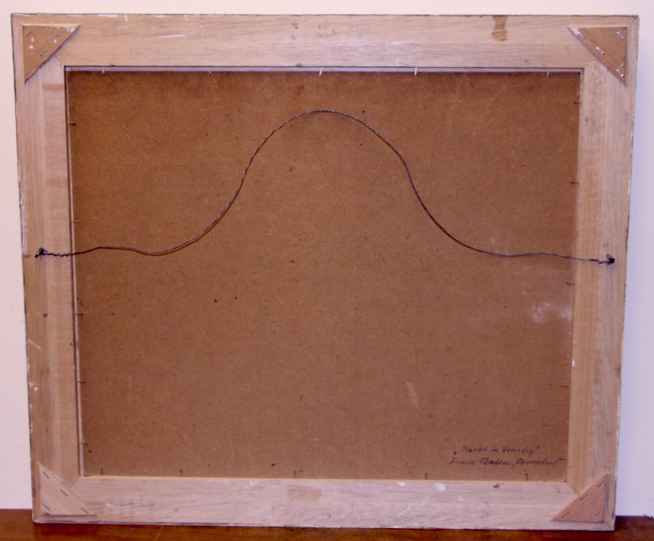 Scène de marché vénitien, Italie, gondole, huile sur contreplaqué, signée et titrée au verso en vente 3