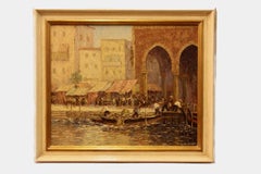 Venetian Market Scene, Italy, Gondola, Oil on Plywood, Signed and Titled verso