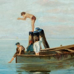 Venezianischer Maler – Szene aus der Lagune von Venedig im 19. Jahrhundert – Badende auf einem Boot