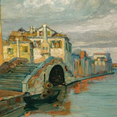 Venetian painter early 20th century - Impressionist Venice canal with bridge