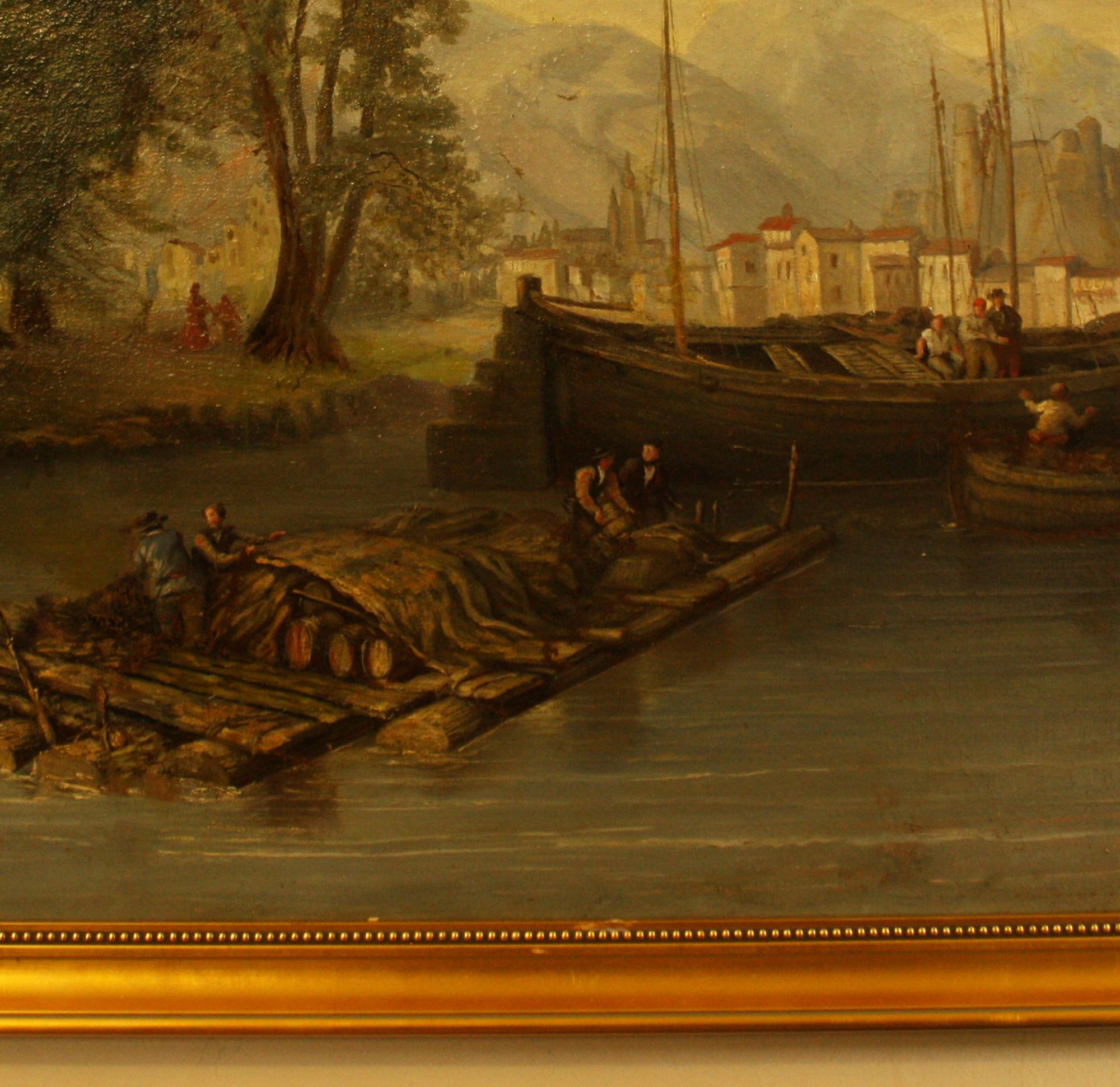 Venetian River Scene 18th Century Italian School  Oil on Canvas Unknown Artist For Sale 1
