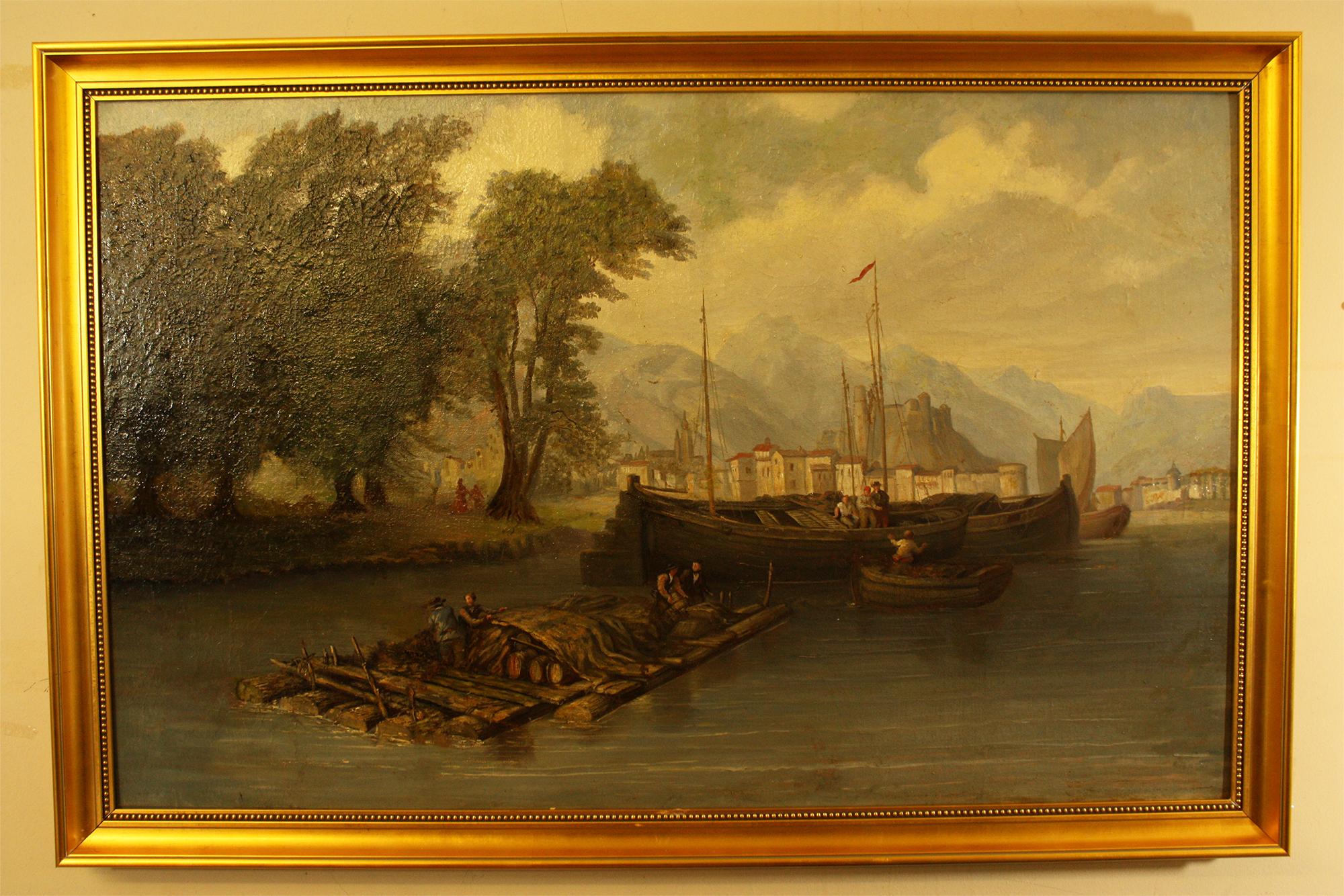 Venetian River Scene 18th Century Italian School  Oil on Canvas Unknown Artist
Painting has been reframed and some retouching, Ready to hang on the wall, good conversation piece
Please let me quote you for packing and shipping