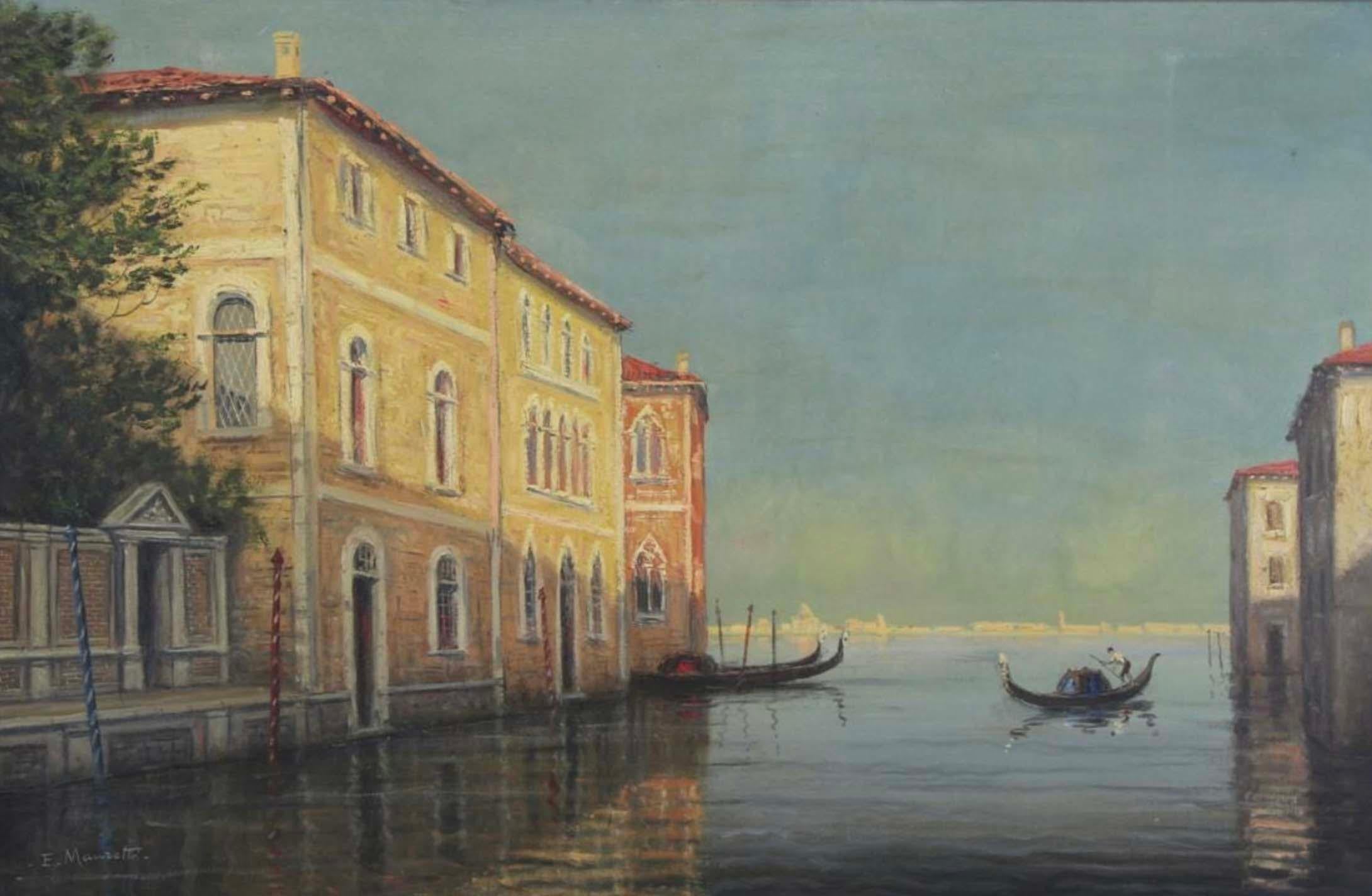 Unknown Landscape Painting - Venetian Canals by E. Mauretti