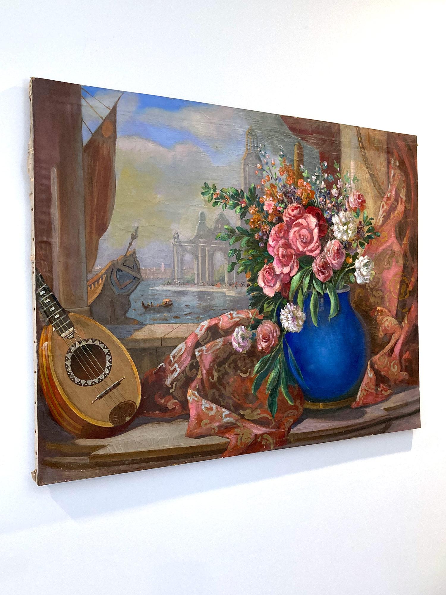 „Venedigisches Stillleben mit Blumen und Leier“, Ölgemälde auf Leinwand, 20. Jahrhundert im Angebot 11