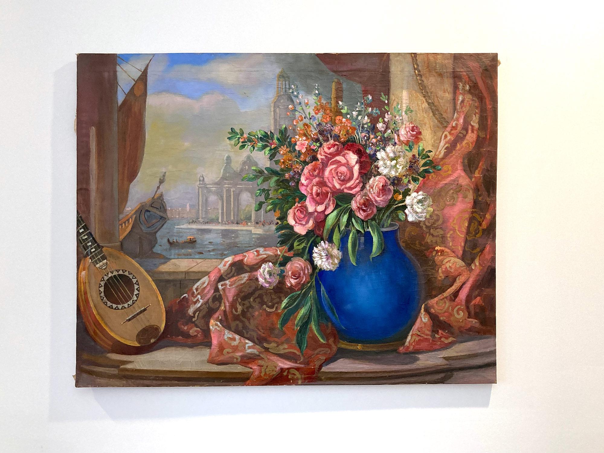 „Venedigisches Stillleben mit Blumen und Leier“, Ölgemälde auf Leinwand, 20. Jahrhundert im Angebot 12