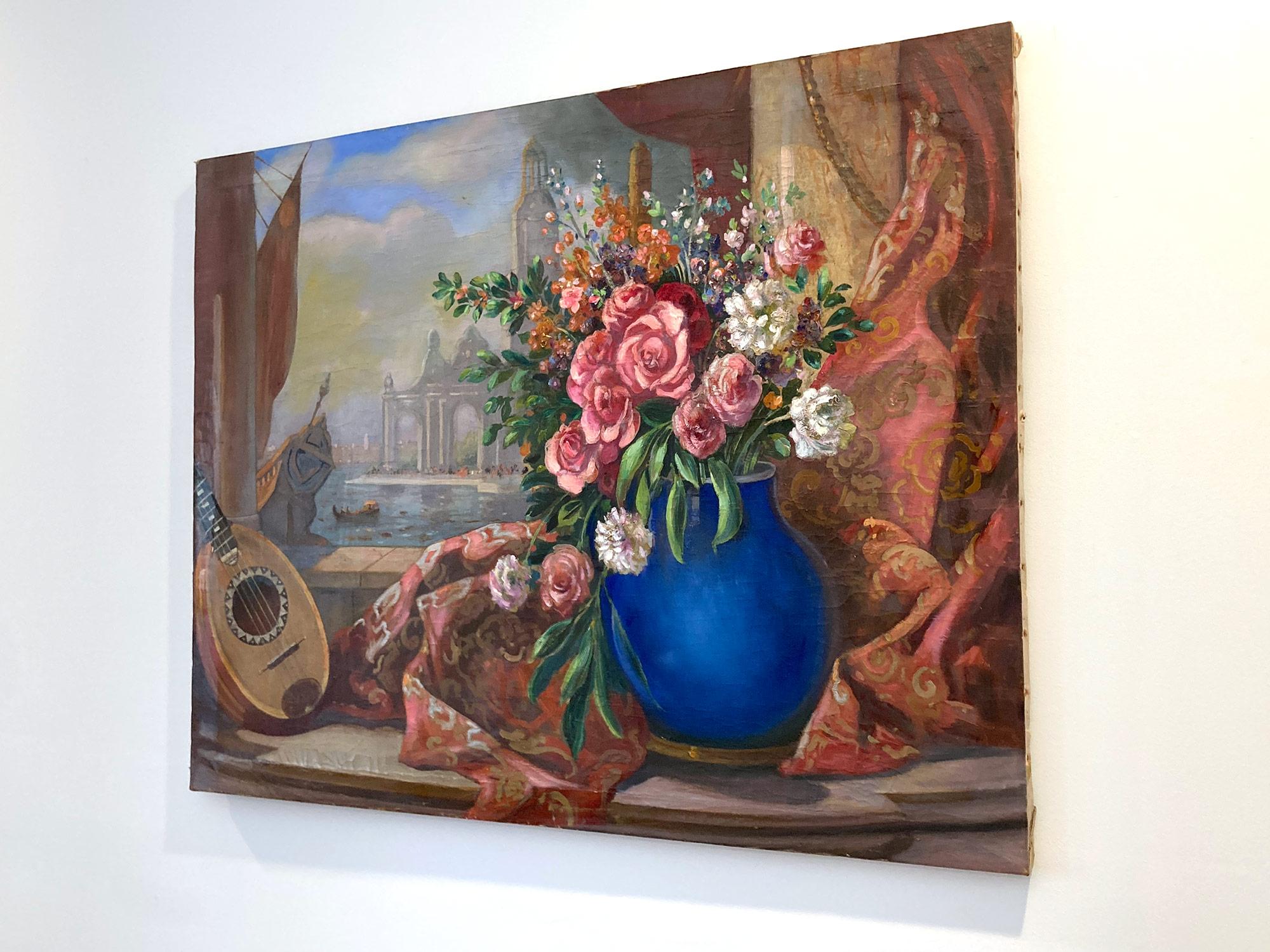 „Venedigisches Stillleben mit Blumen und Leier“, Ölgemälde auf Leinwand, 20. Jahrhundert im Angebot 13