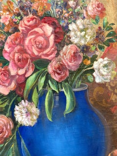 "Venetian Still Life with Flowers & Lyre" 20th Century Oil Painting on Canvas