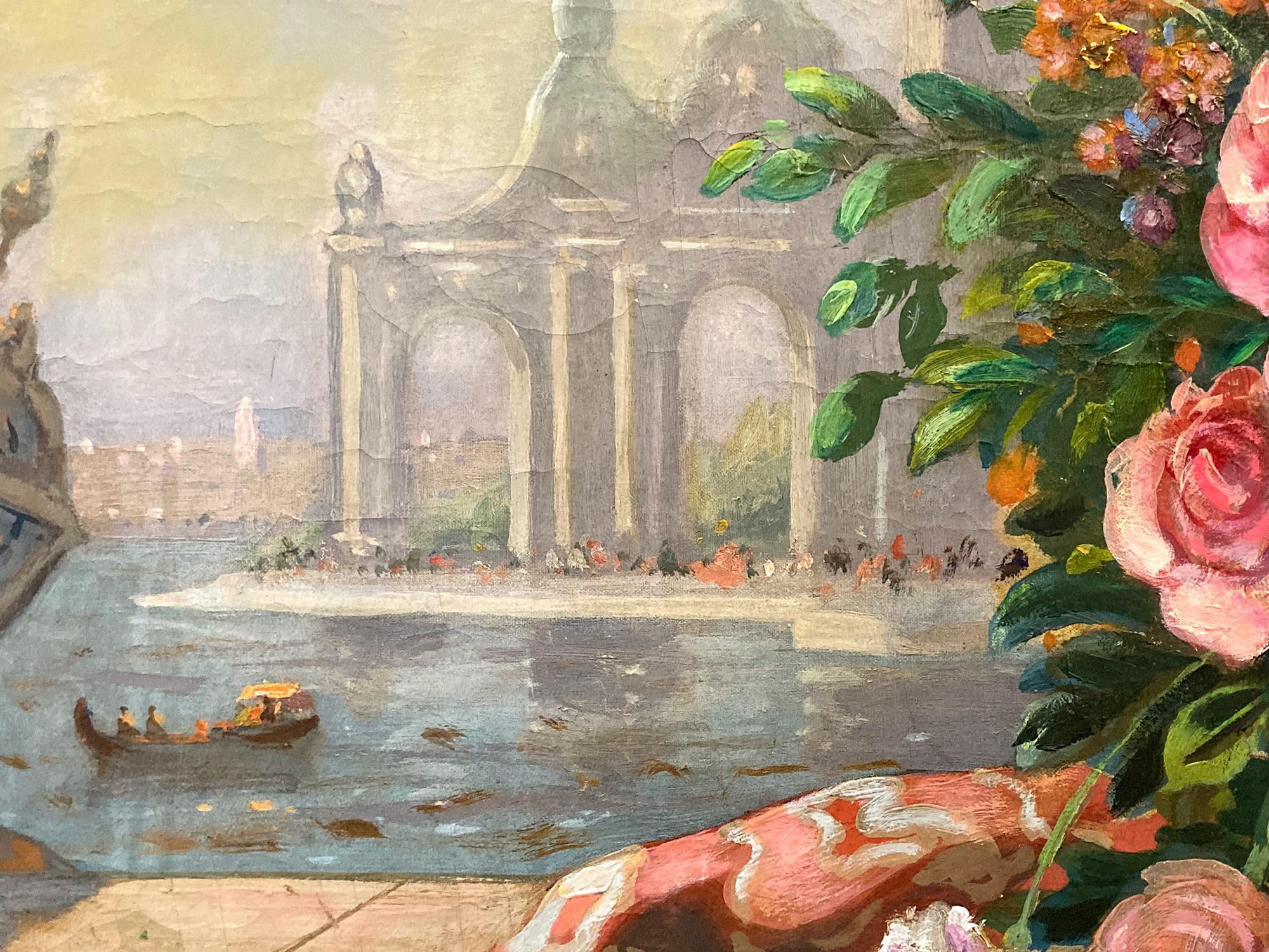 „Venedigisches Stillleben mit Blumen und Leier“, Ölgemälde auf Leinwand, 20. Jahrhundert (Braun), Landscape Painting, von Unknown