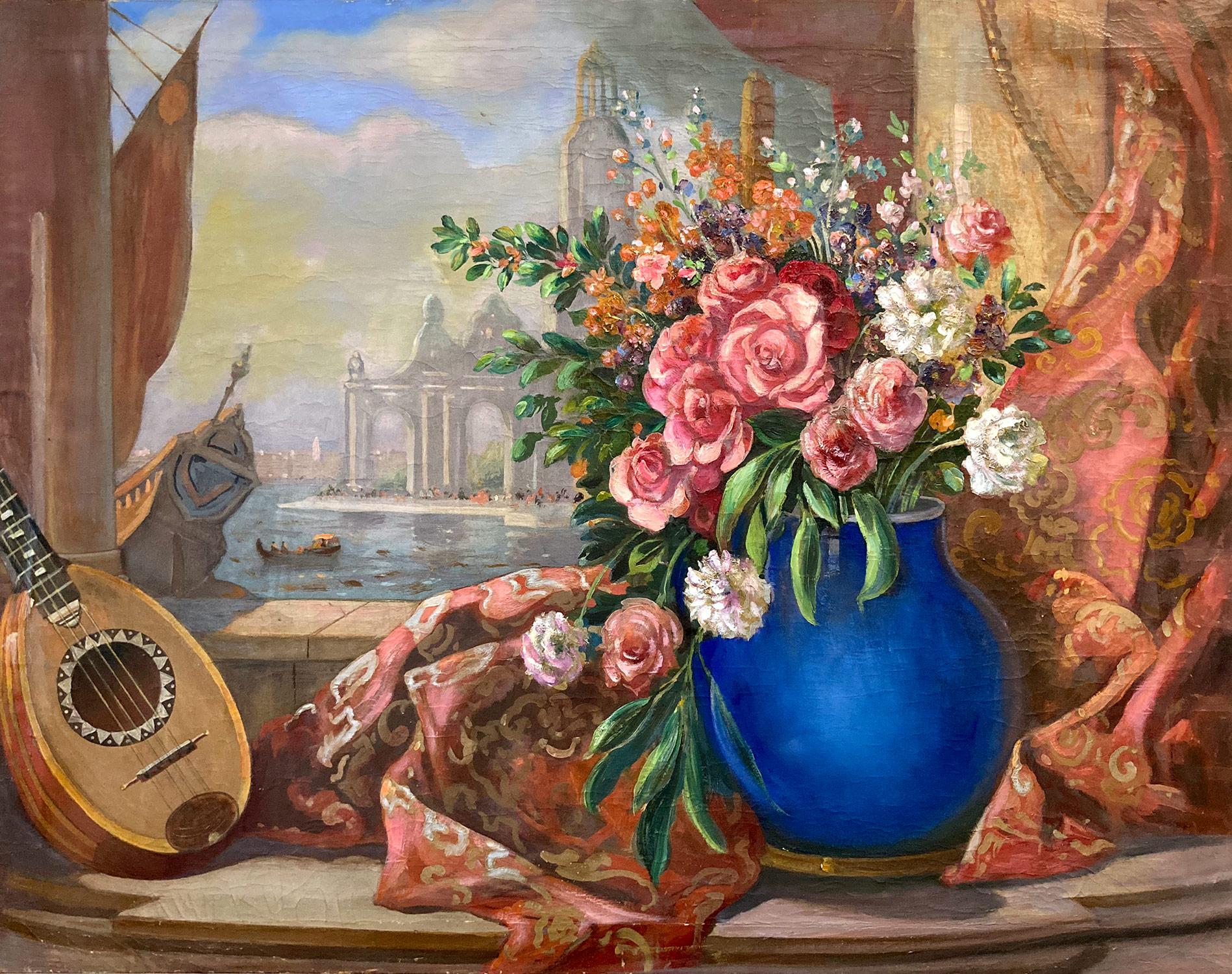 Unknown Landscape Painting – „Venedigisches Stillleben mit Blumen und Leier“, Ölgemälde auf Leinwand, 20. Jahrhundert