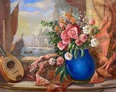 "Venetian Still Life with Flowers & Lyre" 20th Century Oil Painting on Canvas
