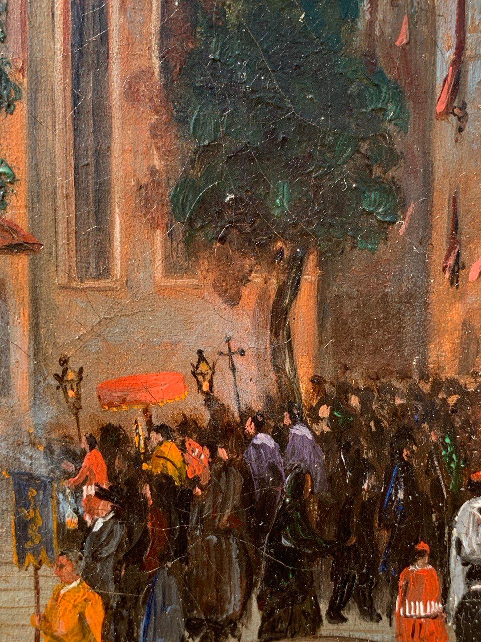 Peintre vénitien (daté de 1892) - Venise, vue du Campo SS. Giovanni e Paolo avec la statue de Colleoni.

40 x 22 cm sans cadre, 59,5 x 41,5 cm avec cadre.

Huile sur toile, dans un cadre ancien en bois doré.

- Œuvre signée et datée en bas à gauche