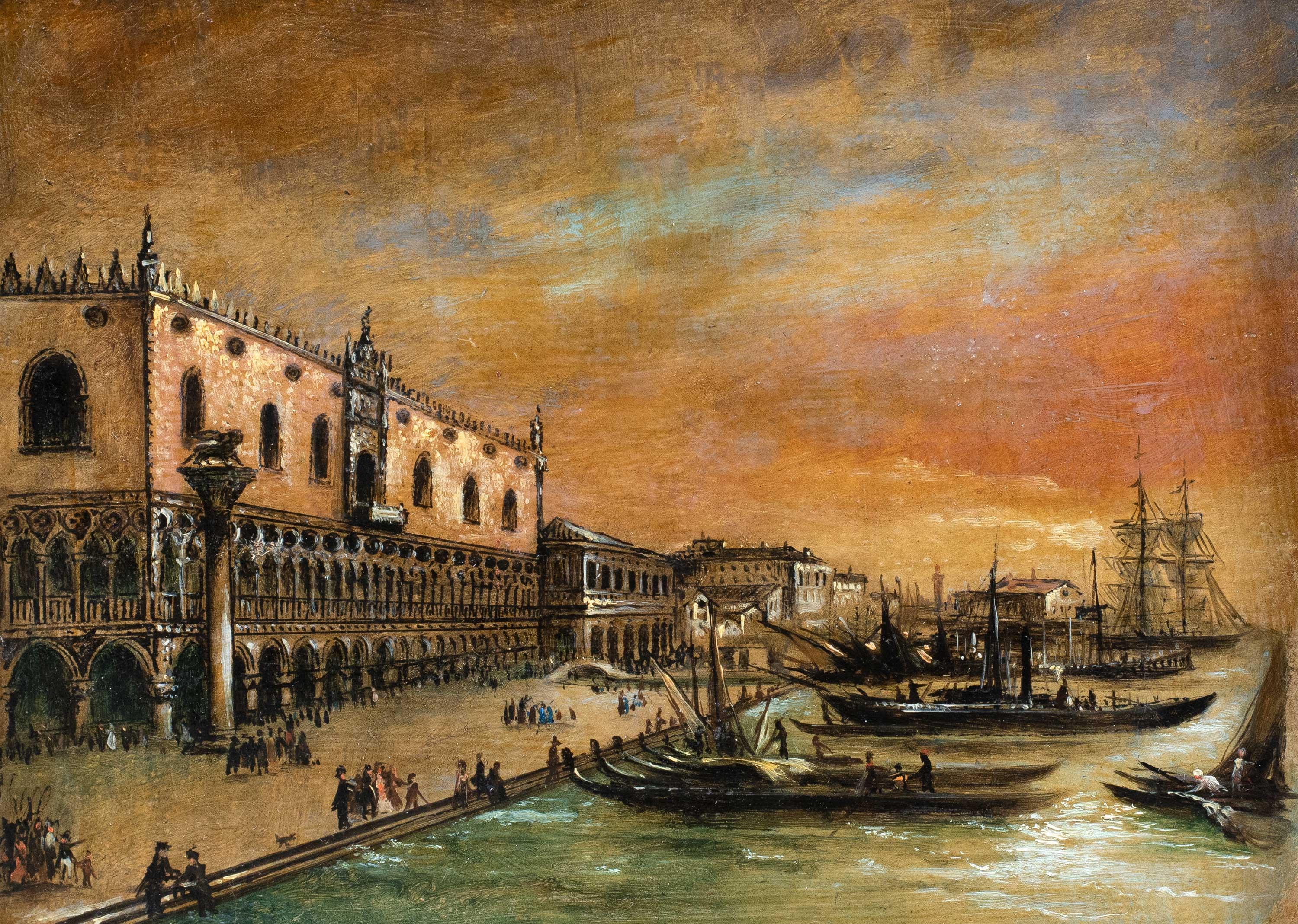 Venezianischer Vedutist - 19. Jahrhundert Landschaftsmalerei - Blick auf den Dogenpalast von Venedig – Painting von Unknown