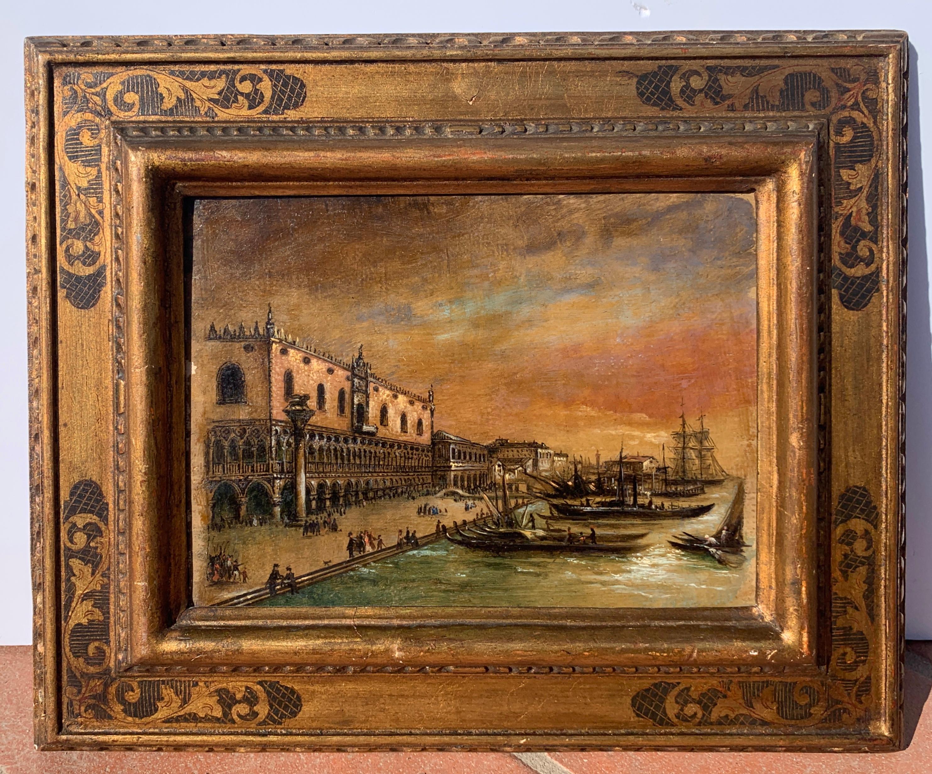 Venezianischer Vedutist - 19. Jahrhundert Landschaftsmalerei - Blick auf den Dogenpalast von Venedig (Braun), Landscape Painting, von Unknown