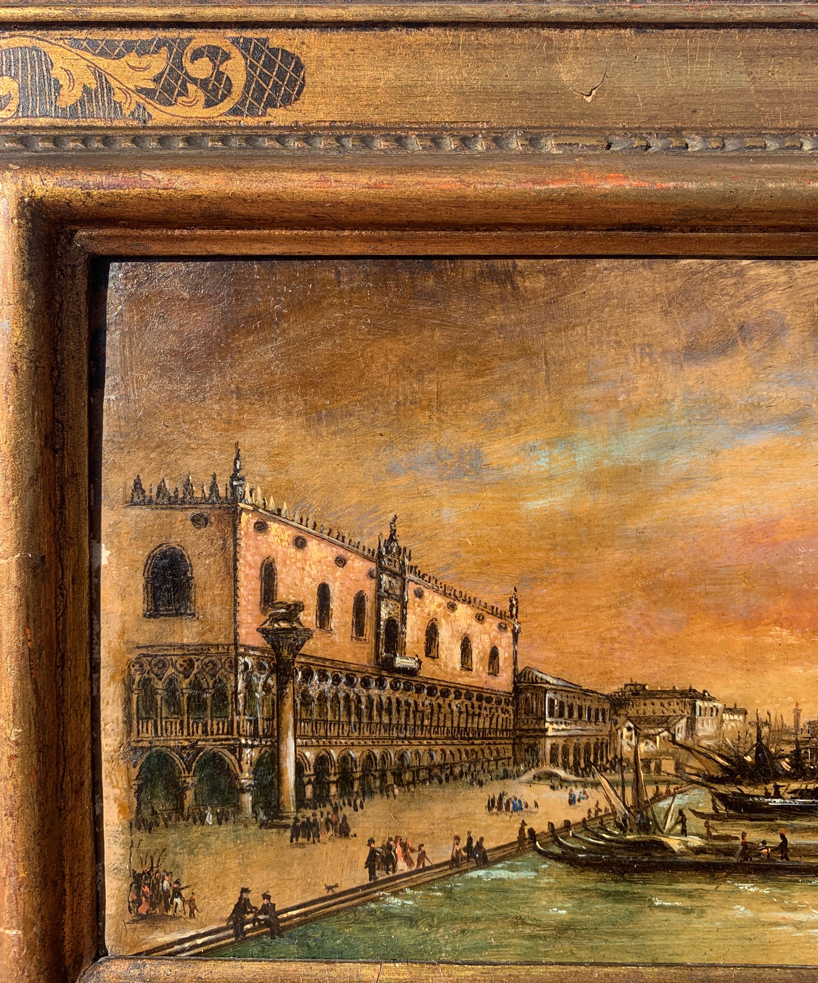 Venezianischer Maler (frühes 19. Jahrhundert) - Venedig, Blick auf das Markusbecken und die Riva degli Schiavoni.

18 x 24 cm ungerahmt, 29 x 35 cm mit Rahmen.

Öl auf Papier, in original vergoldetem Holzrahmen.

Zustandsbericht: Papier auf Leinwand