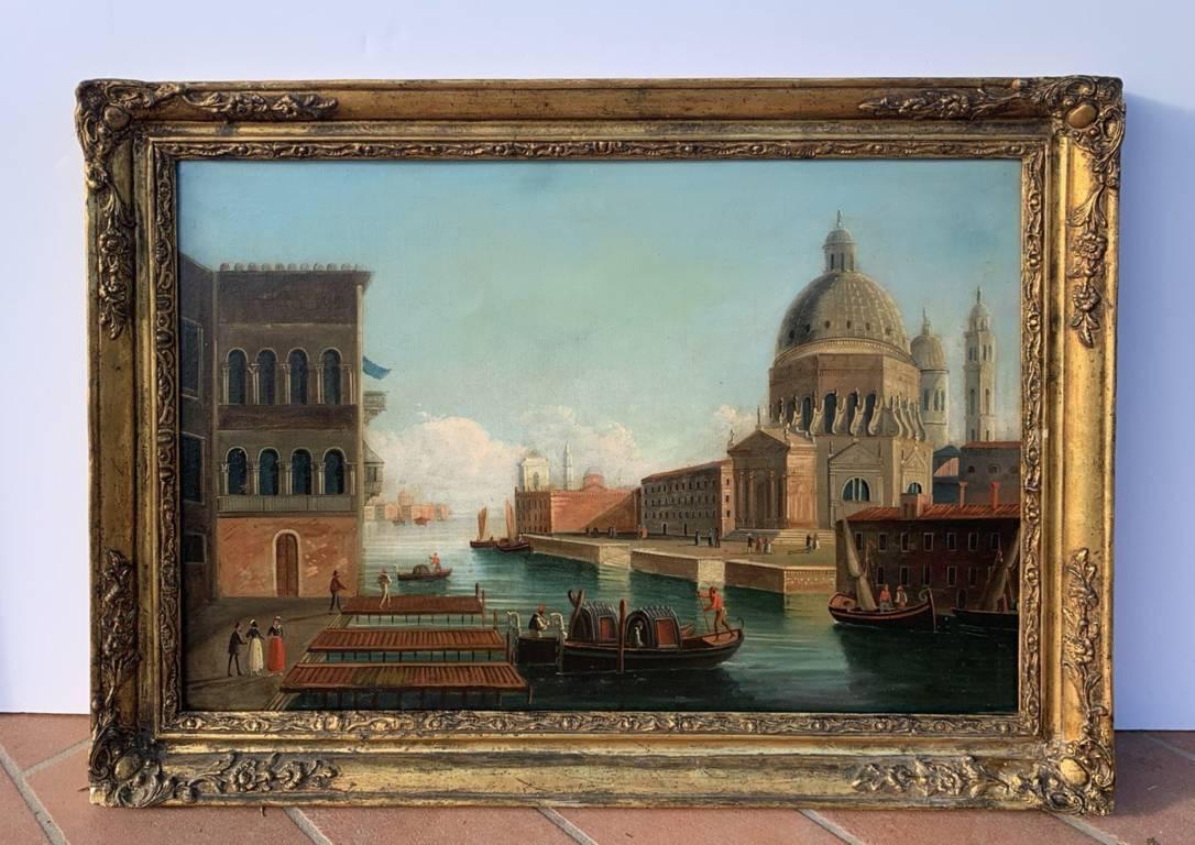 Pintor vedutista veneciano - Pintura paisajista del siglo XIX - Vista de Venecia - Figurative Painting Marrón de Unknown