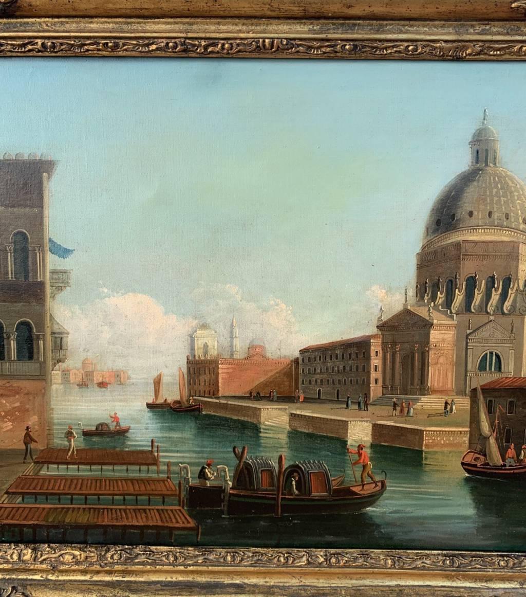 Pintor veneciano (principios del siglo XIX) - Venecia, vista del Gran Canal hacia la Basílica de S. Maria della Salute.

50 x 77,5 cm sin marco, 63 x 88,5 cm con marco.

Óleo sobre lienzo, en marco de madera tallada y dorada.

Informe de estado: