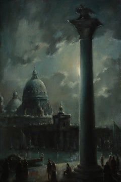 Venice at full moon, Ölgemälde auf Holzplatte, Venedig bei Vollmond, 2Oth C