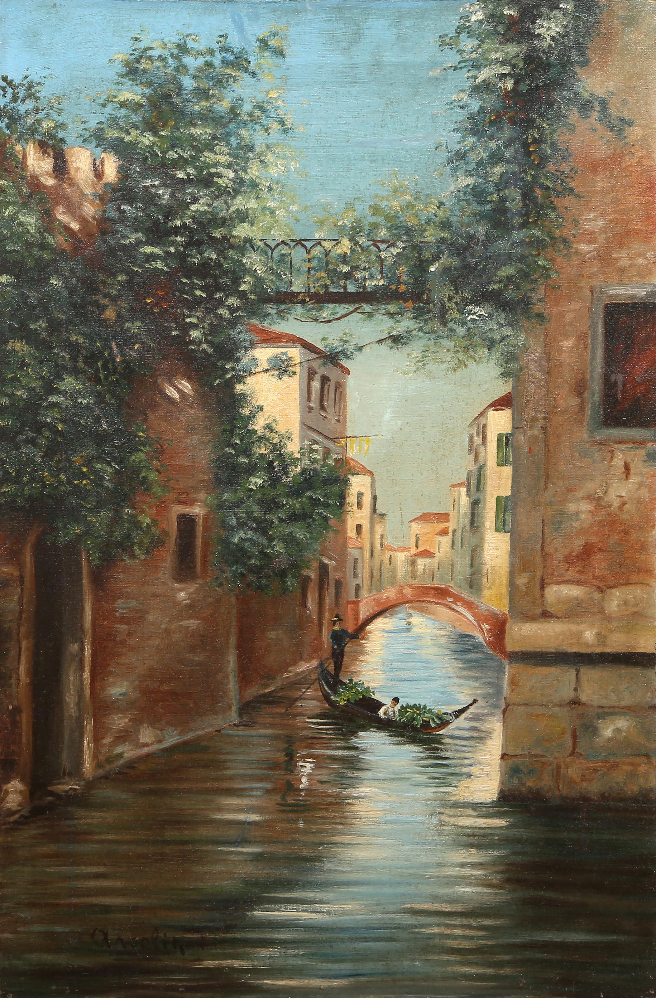 Unknown Landscape Painting – Kanal von Venedig, Impressionistisches Ölgemälde von Vittorio Arcolin