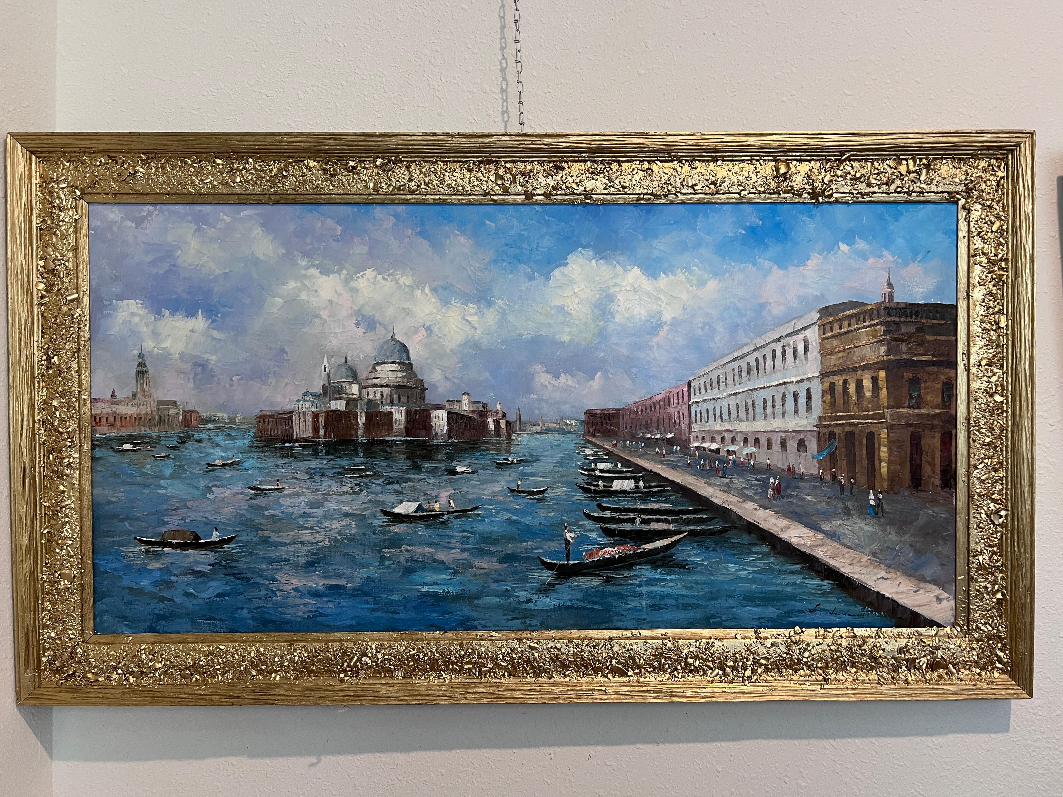 Venedig Grand Canal Ölgemälde L. Harland signiert Vintage Large Framed Art – Painting von Unknown